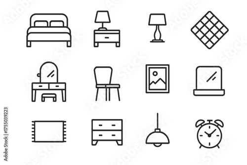 Retro Bedroom Icons. Retro bedroom. Line icon set of Retro bedroom: bed, nightstand, bedside lamp, patterned quilt, vanity table, chair, wall art, mirror, rug,