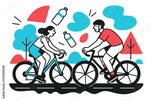Energetic Park Cycling. Morning Exercise. People cycling on a bike lane in a park, floating water bottles and abstract trees, energetic and fresh
