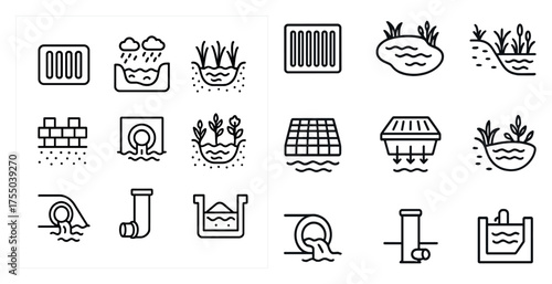 Water infrastructure icons set – outline, linear, drainage and environmental symbols