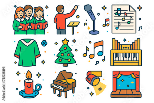 Christmas Choir Icons. Christmas Choir. Colorful isometric vector icons set of Christmas choir: singers, conductor, sheet music, choir robe, microphone, music