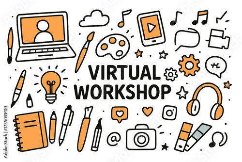 Virtual Workshop Doodle. Virtual Workshop. Hand-drawn doodle illustration Laptop, tablet, smartphone, paintbrush, palette, pen, pencil, notebook, lightbulb,