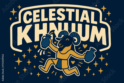Khnum Celebration Banner. Celestial Khnum banner, flat vector illustration, bold oversized text inside sticker outline, cartoon characters jumping and dancing,