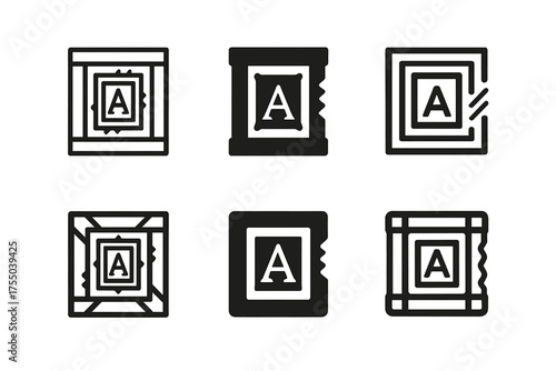 Art Auction Logos. Art and antiquities trading and international auctions. Set Logo of Art and antiquities trading and international auctions: gallery crate