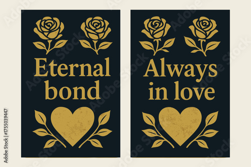Eternal Bond Banners. Eternal bond. Two vertical A6 banners with safe margins, centered composition, no elements touching edges, bold, navy and gold, roses and