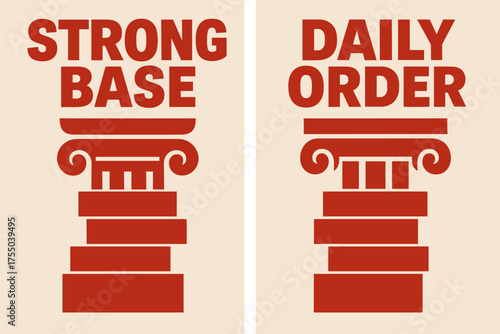 Bold Stability Banners. Strength. Two vertical A6 banners with safe margins, centered composition, no elements touching edges, bold style, red and beige,