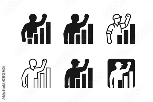 Minimum Wage Logos. Minimum wage laws. Set Logo of Minimum wage laws: Worker silhouette with rising bar. harmonious logo variations of the same emblematic