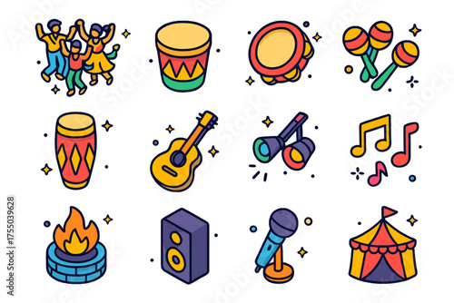 Dance Tradition Icons. Dance Tradition. Colorful isometric vector icons set of dance tradition: group of dancers, drum, tambourine, maracas, conga drum,