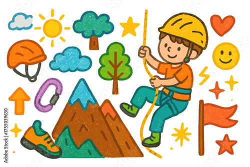 Colorful Rock Climbing Doodles. Rock Climbing. Colorful Hand-drawn doodle Children illustration climbing rope, helmet, mountain, tree, sun, cloud, carabiner,