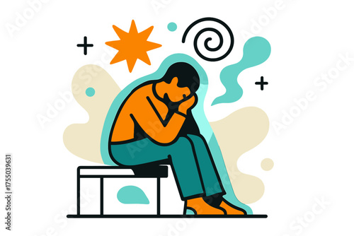 Glowing Survivor Reflection. Silent Reflection. A glowing survivor sitting alone with lowered head, abstract spark and swirl icons symbolizing heavy memories.