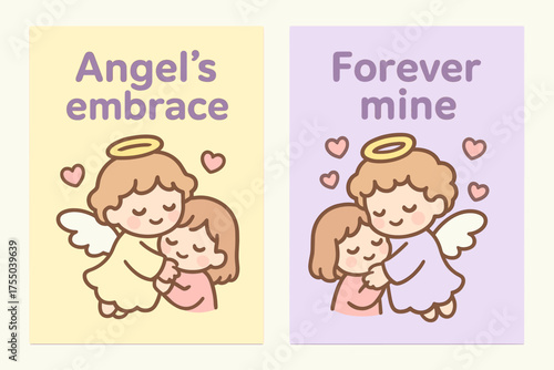 Kawaii Angel Banners. Angel?s embrace. Two vertical A6 banners with safe margins, centered composition, no elements touching edges, kawaii, pastel yellow and