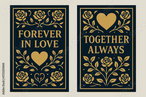 Forever, Together. Forever in love. Two vertical A6 banners with safe margins, centered composition, no elements touching edges, bold, navy and gold, roses and
