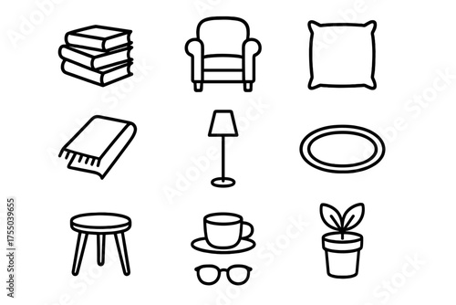 Book Nook Icons. Book lover nook. Line icon set of Book lover nook: stack of books, armchair, cushion, blanket, lamp, rug, side table, coffee cup, potted