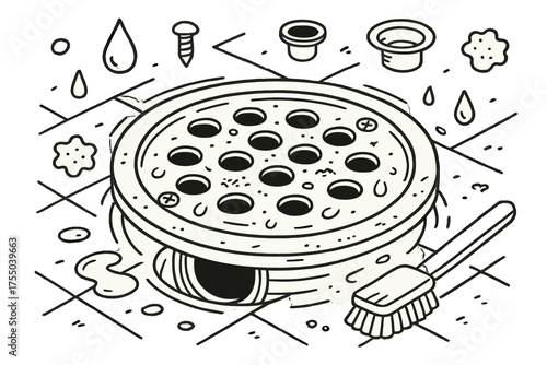 Floor Drain Illustration. Floor Drain Cover Close-Up. Hand-drawn doodle illustration floor drain cover close-up metal grate, circular holes, screws, water