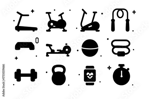 Cardio Equipment Icons. Cardio Equipment. Solid icons set of Cardio Equipment: treadmill, stationary bike, elliptical, jump rope, step platform, rowing