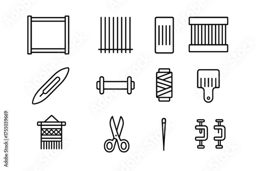 Loom Setup Icons. Loom setup. Line icon set of Loom setup: loom frame, warp threads, heddle, reed, shuttle, bobbin, thread spool, weaving comb, tapestry,