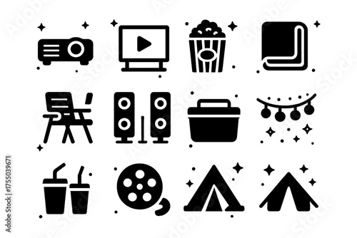 Outdoor Movie Icons. Outdoor Movie Nights. Solid icons set of Outdoor Movie Nights: projector, movie screen, popcorn, blanket, lawn chair, speakers, cooler,