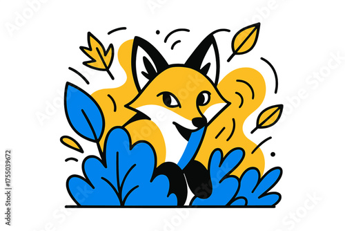 Fox in Thicket. Fox in the Thicket. Fox peeking from behind bushes, floating autumn leaves and subtle abstract shapes hinting at hidden movement, playful and