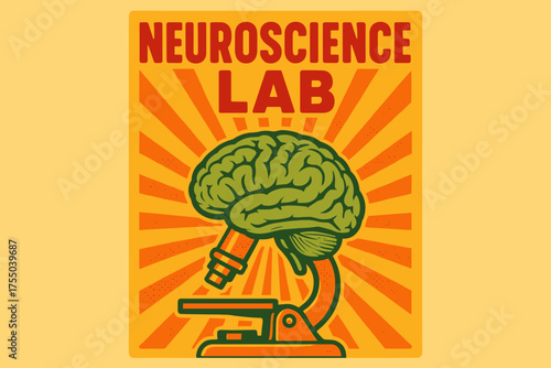 Retro Neuroscience Lab Poster. Retro Poster: "Neuroscience Lab" ? bold rounded fonts, centered layout, halftone dots and paper texture, rays evoking energy and