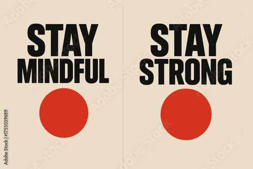 Mindful and Strong Banners. Resilience. Two vertical A6 banners with safe margins, centered composition, no elements touching edges, brutalist style, black and