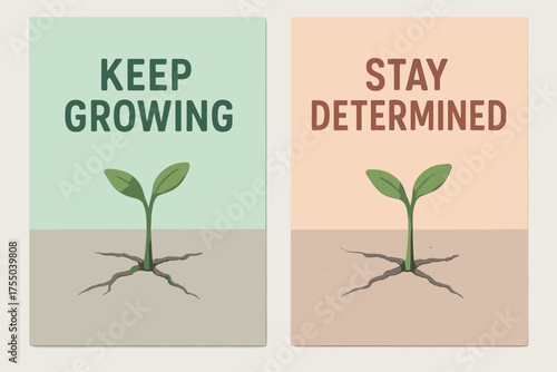 Sprout Through Concrete. Growth. Two vertical A6 banners with safe margins, centered composition, no elements touching edges, pastel style, mint and peach,