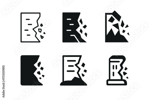 Building Collapse Logos. Building Collapse. Set Logo of Building Collapse: collapsing wall or column. harmonious logo variations of the same emblematic
