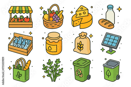 Healthy Food Icons. Healthy Food Market. Colorful isometric vector icons set of healthy food market: vegetable stall, fruit basket, organic bread, cheese