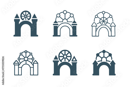 Theme Park Logo Variations. Theme parks and amusement rides. Set Logo of Theme parks and amusement rides: park entrance gate. harmonious logo variations of the