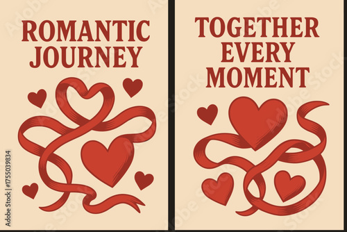 Romantic Journey Banners. Romantic journey. Two vertical A6 banners with safe margins, centered composition, no elements touching edges, retro, red and beige,