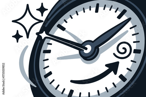 Dynamic Time Movement. Masterpiece detail. Glowing macro close-up of second hand sweeping smoothly across dial markers. Floating icons of sparkle, star, and
