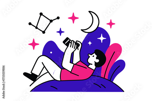 Celestial Photography Scene. Celestial Observation. Photographer lying on abstract grassy hill, taking photo of floating stars, moon, and geometric