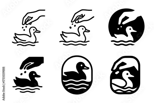 Duck Pond Logos. duck pond. Set Logo of duck pond: hand feeding breadcrumbs. harmonious logo variations of the same emblematic concept, each with different