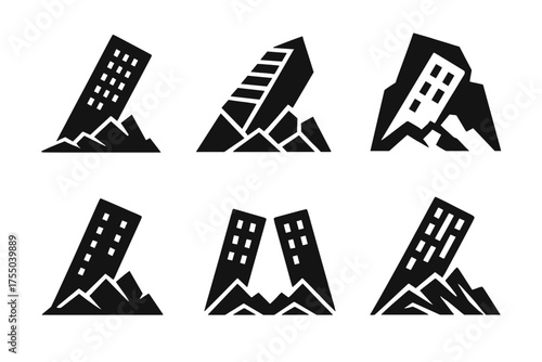 Building Collapse Logos. Building Collapse. Set Logo of Building Collapse: fallen skyscraper fragments. harmonious logo variations of the same emblematic