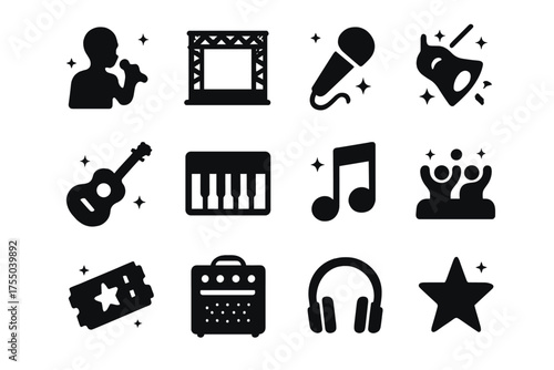 Concert Icon Set. Live concert. Solid icons set of Live concert: singer silhouette, stage, microphone, spotlight, guitar, piano, music note, audience, ticket,