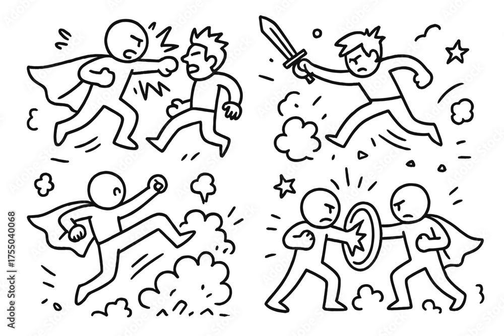 Fototapeta premium Doodle Fight Scene. Fight Scene. Hand-drawn doodle illustration Fight Scene hero villain punch kick jump dodge weapon shield smoke debris motion lines. Simple