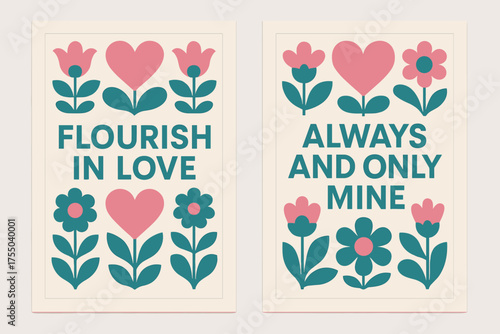 Flourish in Love Banners. Flourish in love. Two vertical A6 banners with safe margins, centered composition, no elements touching edges, bauhaus, pink and
