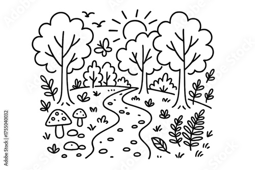 Whimsical Forest Path. Forest Path. Hand-drawn doodle illustration Forest Path winding trail trees mushrooms leaves ferns stones sunlight birds butterfly.