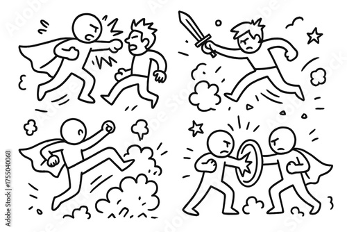 Doodle Fight Scene. Fight Scene. Hand-drawn doodle illustration Fight Scene hero villain punch kick jump dodge weapon shield smoke debris motion lines. Simple