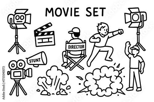 Movie Set Doodle. Movie Set. Hand-drawn doodle illustration Movie Set camera lights director megaphone clapboard stunt crew explosion smoke debris hero action.