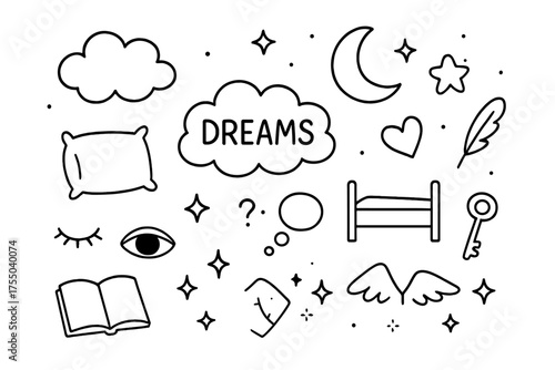 Dream Symbols Doodles. Dreams. Hand-drawn doodle illustration dreams cloud, moon, star, pillow, bed, closed eyes, open eyes, thought bubble, feather, heart,