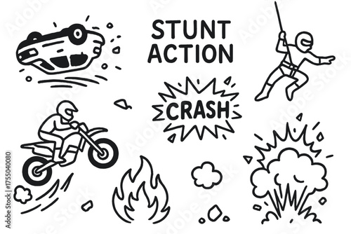Stunt Explosion Doodle. Stunt Action. Hand-drawn doodle illustration Stunt Action car flip motorcycle jump crash hero rope harness explosion debris flame