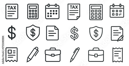 Financial and tax line icons set – outline, flat, accounting and business symbols