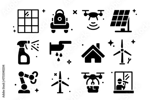Building Maintenance Icons. Building Facade Care. Solid icons set of Building Facade Care: glass facade, cleaning robot, drone, solar panel, water spray,