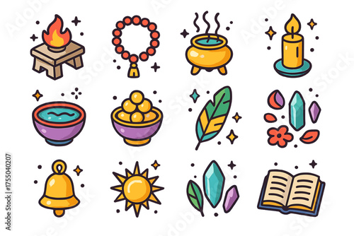 Ancient Ritual Icons. Ancient Ritual. Colorful isometric vector icons set of ancient ritual: altar, prayer beads, incense burner, candle, water bowl, offering