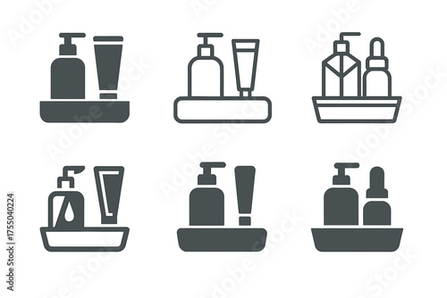 Cosmetic Logo Variations. Arranging cosmetics and skincare in a vanity. Set Logo of Arranging cosmetics and skincare in a vanity: organizer tray. harmonious