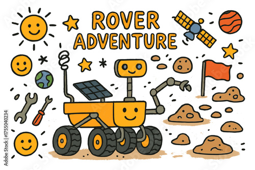 Mars Rover Doodle. Rover Adventure. Colorful Hand-drawn doodle Children illustration Mars rover, wheels, solar panels, robot arm, antenna, rocks, craters,