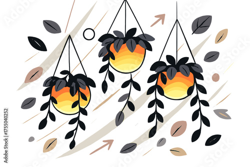 Glowing Hanging Plants. Hanging plants. Glowing hanging pots with cascading vines, abstract floating leaves and subtle light beams emphasizing motion and