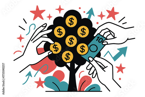 Prosperity Money Tree. Golden Harvest. Hands picking coins and bills from a money tree, floating abstract stars and arrows indicating prosperity, festive