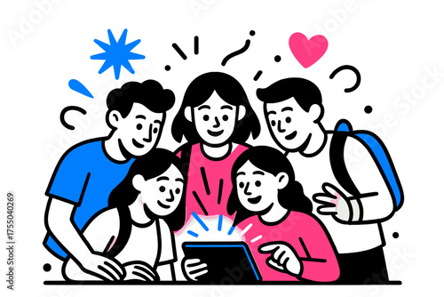 Tech-Driven Student Collaboration. Interactive Group. A glowing group of students gathered around a tablet, abstract spark and heart icons symbolizing teamwork