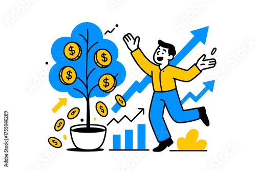Prosperity in Progress. Financial Success. Money tree with gold coins falling gently, floating abstract arrows and charts, bright and optimistic composition.
