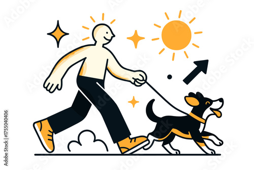 Vibrant Walk Scene. Daily walk. Glowing figure holding leash as dog trots happily beside them under shining sun. Floating icons of sparkle, arrow, and star